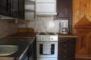 a kitchen with a white stove and a sink at River cabin Tapio in Inari +8 photos