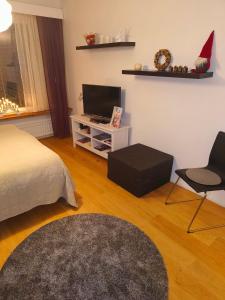 a bedroom with a bed and a tv and a chair at Jaakonkatu City Apartment in Rovaniemi