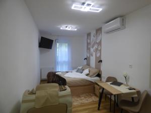 a small room with a bed and a table and a desk at Pogácsás Apartman III in Tokaj