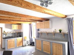 a kitchen with wooden cabinets and a counter top at ALTSTADT-Apartmenthaus BOGENSPERGER in Braunau am Inn