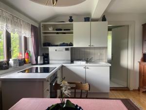 a kitchen with white cabinets and a sink at Pension Victoria in Millstatt