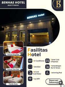 a flyer for a hotel with two pictures of beds at Benhas Hotel Bukittinggi in Bukittinggi