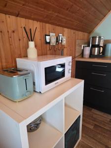 a microwave sitting on top of a counter in a kitchen at Fuchs & Hase in Uplengen +4 photos