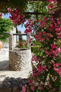 a bush of pink flowers on a stone wall at Alto Paraíso Boutique Hotel in Reguengo Grande +36 photos