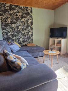a living room with two blue couches and a tv at Fuchs & Hase in Uplengen