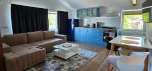 a living room with a couch and a kitchen at Vila Trifoi Apartamente in Breaza de Jos