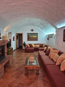 a living room with a couch and a fireplace at Cuevas La Cocinillas in Graena