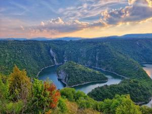an aerial view of two lakes in the woods at Apartmani Hena in Sjenica