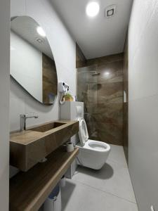 a bathroom with a sink and a toilet and a mirror at Home City Center - 3BedR & 3BathR - Free Private Parking in Prishtinë