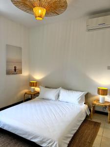 a bedroom with a bed with white sheets and two lamps at Little Palm Studio in Cap Malheureux +10 photos