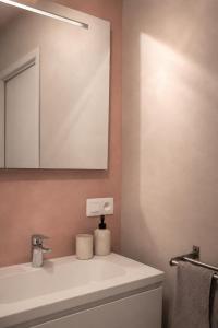 a bathroom with a white sink and a mirror at Hoeve Verdre - De Knechtenwoning in Heers