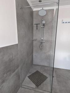 a shower with a glass door in a bathroom at Ferienwohnung zum Bätstän in Pluwig