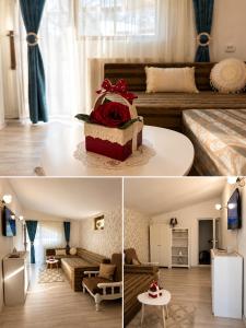 a hotel room with a cake in a room at Casuta Irinei in Gura Vadului