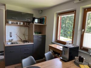 a kitchen with a sink and a table with chairs at 1 ZI Appartement Zauberwald in Bildstein