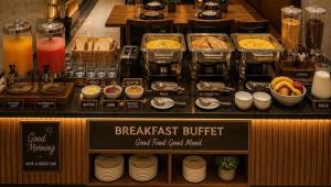 a breakfast buffet with food on display in a restaurant at Corporate Terminal Stay By Velocity Hotels Delhi IGI Airport Terminal 3 With Free Airport Pickup in New Delhi