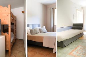 two pictures of a bedroom with a bed and a ladder at Logis Hôtel Restaurant Le Domaine de l'Eau Vive in Largentière