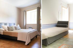 two pictures of a bedroom with a bed and a chair at Logis Hôtel Restaurant Le Domaine de l'Eau Vive in Largentière