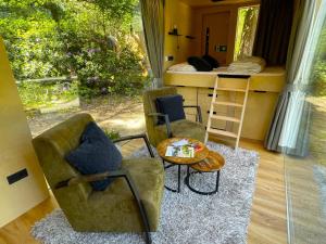 a room with two chairs and a table and a bed at Skydeck Cabin met Jacuzzi & Rooftop in Holten