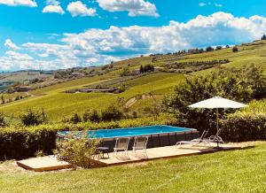 a swimming pool in a field with an umbrella at Agriturismo Angeli Sognanti in Cossignano