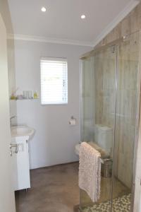 uma casa de banho com uma cabina de duche em vidro e um lavatório. em Paul Wallace Wines & Cottages em Elgin