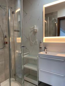 a bathroom with a shower and a sink at Villa Aronia pokoje z aneksem kuchennym , parking bezpłatny in Ustka +69 photos