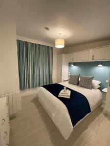 a bedroom with a large bed with a blue wall at Mickeys Shed in Waterford