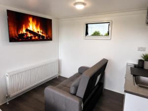 a living room with a couch and a fireplace at The Lux Pod in Ballynameen