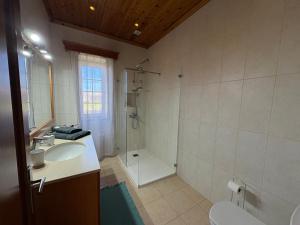 a bathroom with a shower and a sink and a toilet at Retiro da Ribeira in Angra do Heroísmo +21 photos