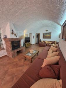 a living room with a couch and a fireplace at Cuevas La Cocinillas in Graena