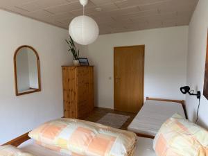 a bedroom with two beds and a mirror at Ferienwohnung Furchner in Sayda