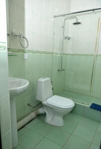 uma casa de banho com um WC, um chuveiro e um lavatório. em Carat Hotel em Tashkent