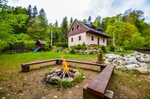 a fire pit in a yard in front of a house at Jezinka Dolní Morava in Dolní Morava