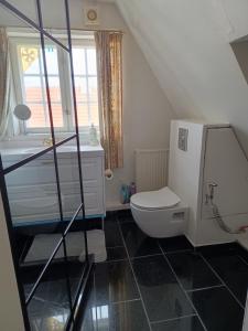 a small bathroom with a toilet and a window at Aakirkeby Bed and Breakfast in Åkirkeby