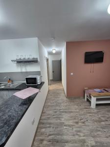 a kitchen with a sink and a tv on the wall at Aqua Sia in Sighetu Marmaţiei