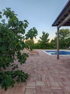 a patio with a chair next to a swimming pool at Božini dvori in Drniš