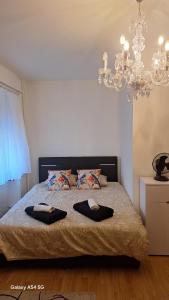 a bedroom with a bed with a chandelier at Spalentor City Apartement in Basel