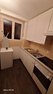a small kitchen with white cabinets and a sink at Spalentor City Apartement in Basel +8 photos