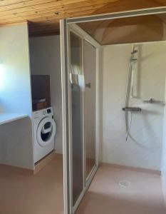 a bathroom with a shower and a washing machine at Schwedentraum in Burseryd