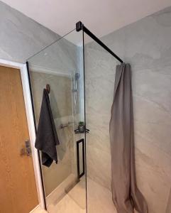 a shower with a glass door in a bathroom at Cozy Apartment with Balcony in Ivanjica +9 photos