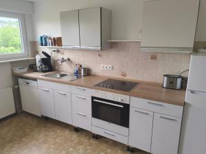 a kitchen with white cabinets and a sink at Inselappartement in Niederwerth +8 photos