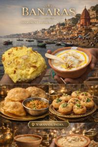 a collage of pictures of food at Banaras Apartment Homestay 7BHK AC & NON AC ROOMS in KASHI VISHWANATH JYOTIRLING in Varanasi