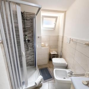 a bathroom with a shower and a toilet and a sink at Tra i laghi lago maggiore e lago d'orta in Invorio Inferiore