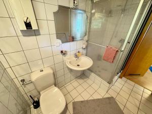 a bathroom with a toilet and a sink and a shower at Gemütliche Ferienwohnung nähe Schloss Benrath & Rhein Düsseldorf Urdenbach in Düsseldorf