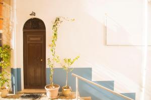 a staircase with two potted plants in front of a door at Chibedda Dimora Cesca in Castellammare del Golfo