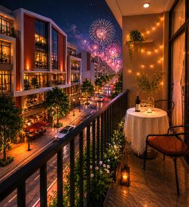 a balcony with a table and a street at night at U-ViVu Homestay Ocean Park 3 Hưng Yên in Ðình Loan