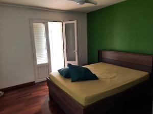 a bedroom with a bed with a green wall at Villa melys in Petite Île