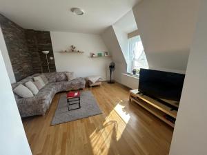 a living room with a couch and a flat screen tv at PENZION VLASTA in Zlín