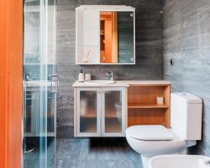 a bathroom with a toilet and a sink and a mirror at La Guardia Apartment in Póvoa de Varzim +23 photos