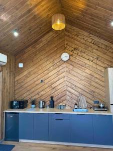 a kitchen with wooden walls and a clock on the wall at Sosna Park Будиночки in Vynnychky
