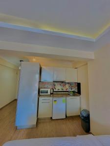 a small kitchen with a white refrigerator in a room at Green Suite in Istanbul